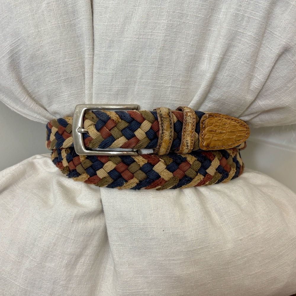Men’s Multicolor Woven Braided Belt, Real Crocodile Leather Trim, Brass Buckle